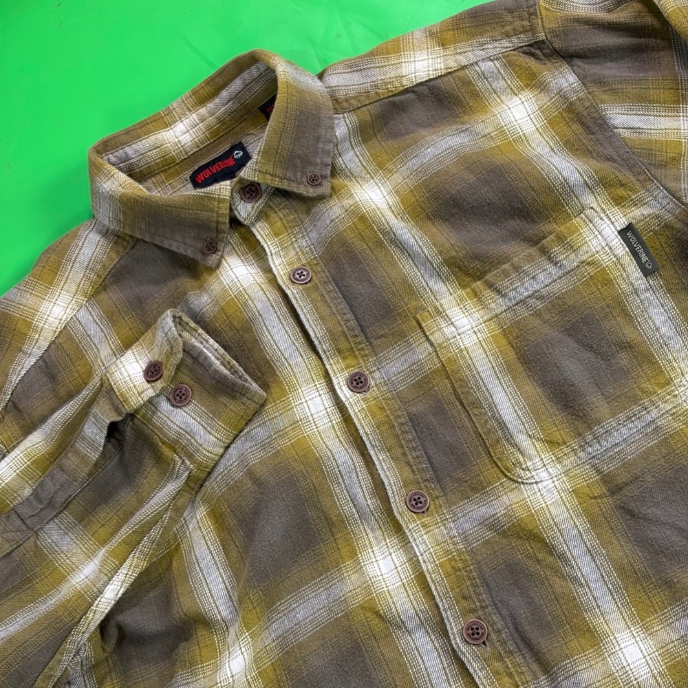 Wolverine Flannel Shirt Mens‎ L Brown Plaid 100% Cotton Outdoors Workwear Rugged